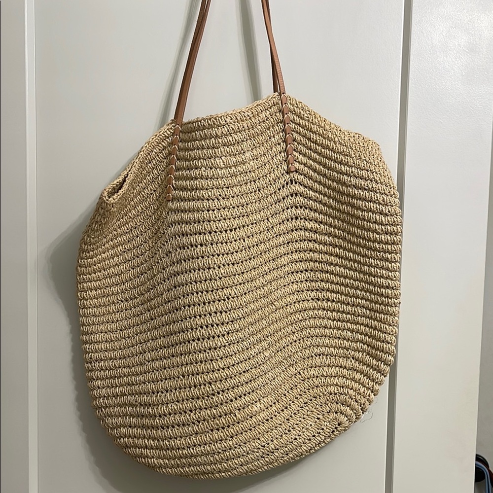 Straw Woven Tote with silver metallic thread